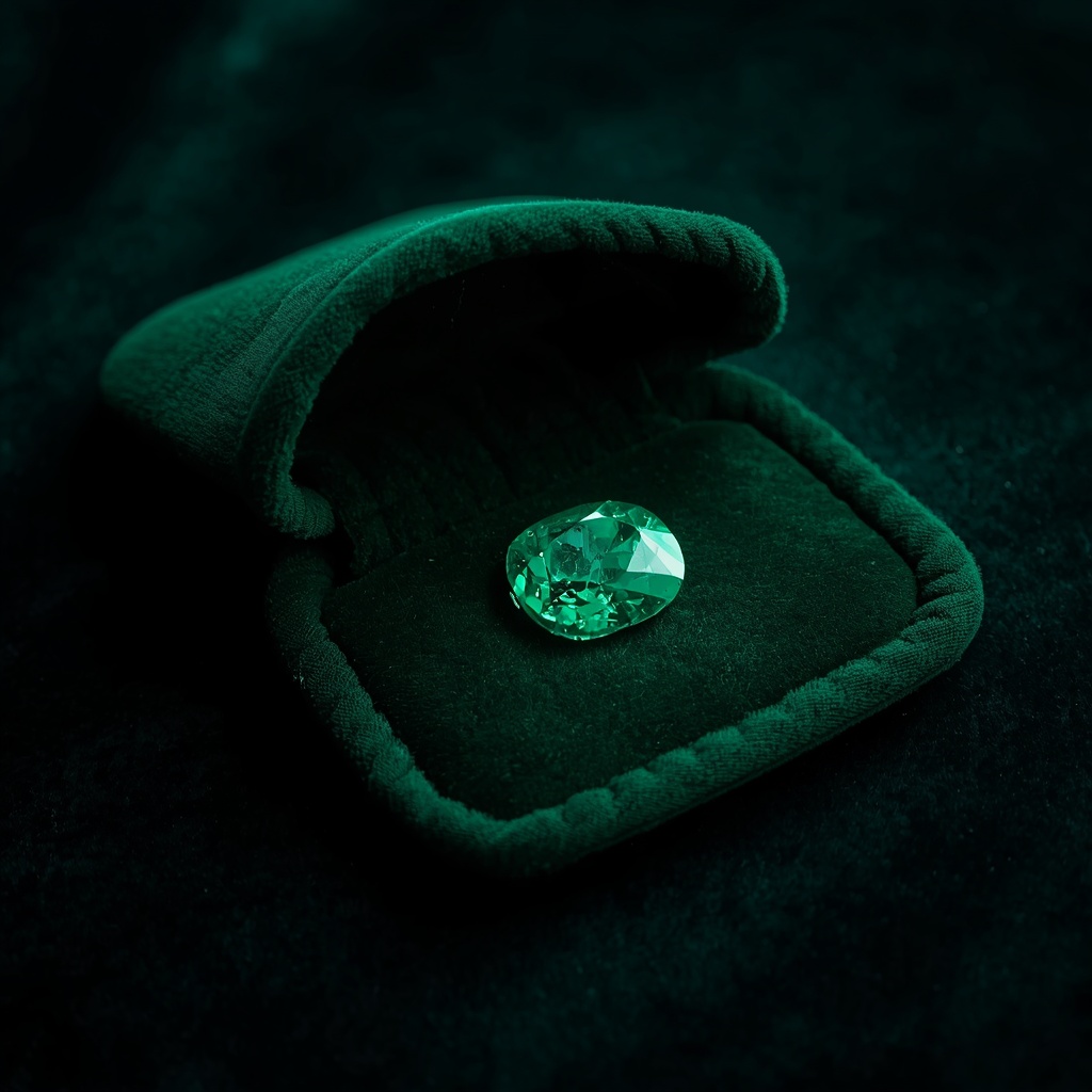 Emerald stored in its own velvet box