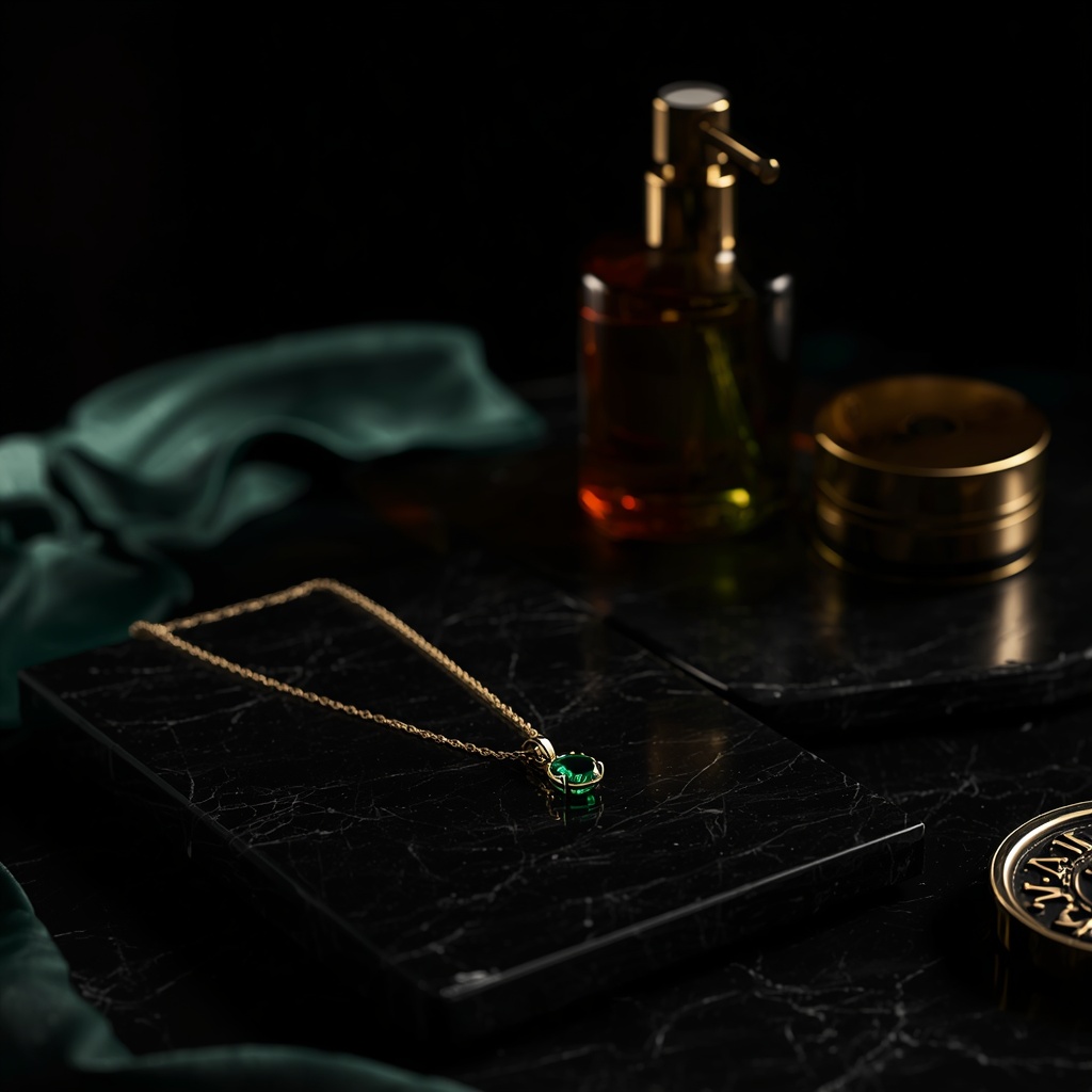 Emerald necklace on a vanity, away from perfume